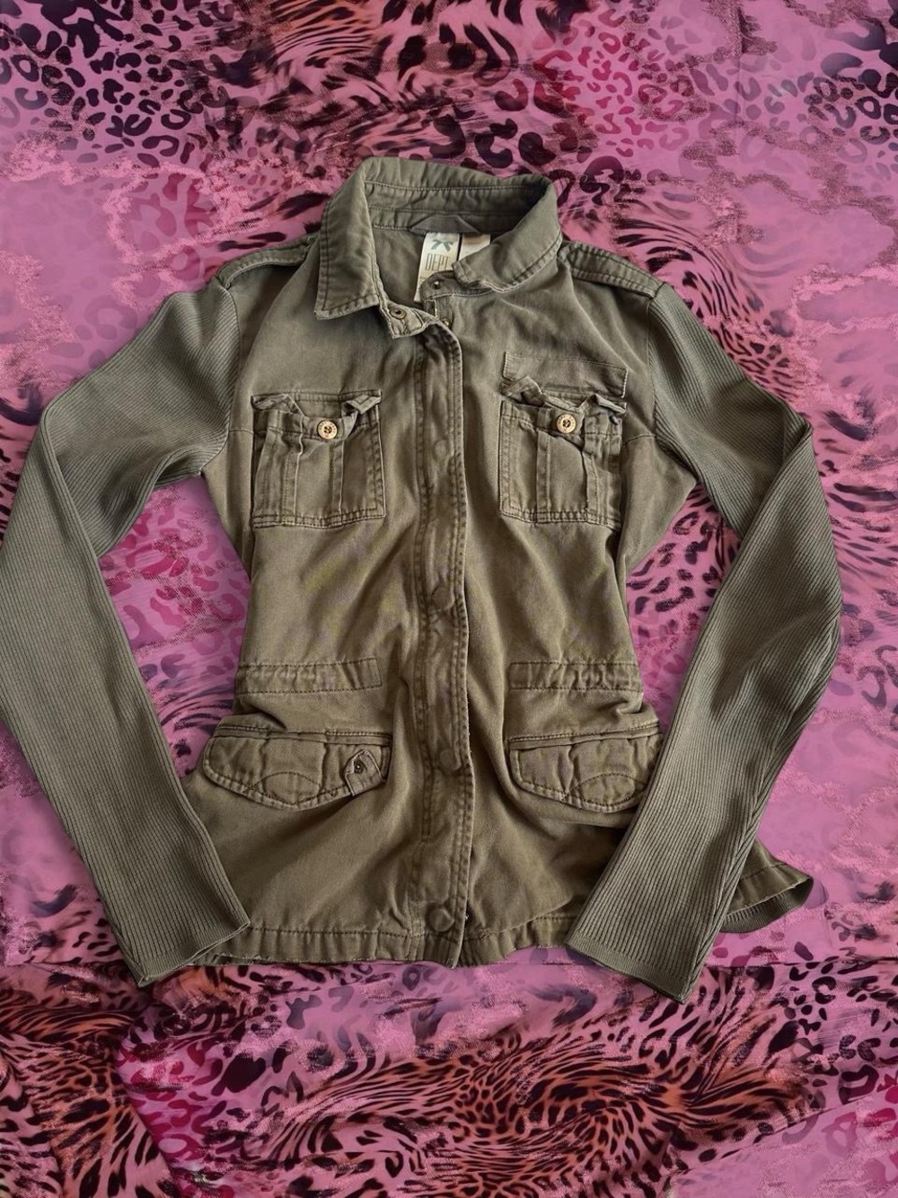 Vintage Dept Women’s Olive Utility Jacket with Knit Sleeves